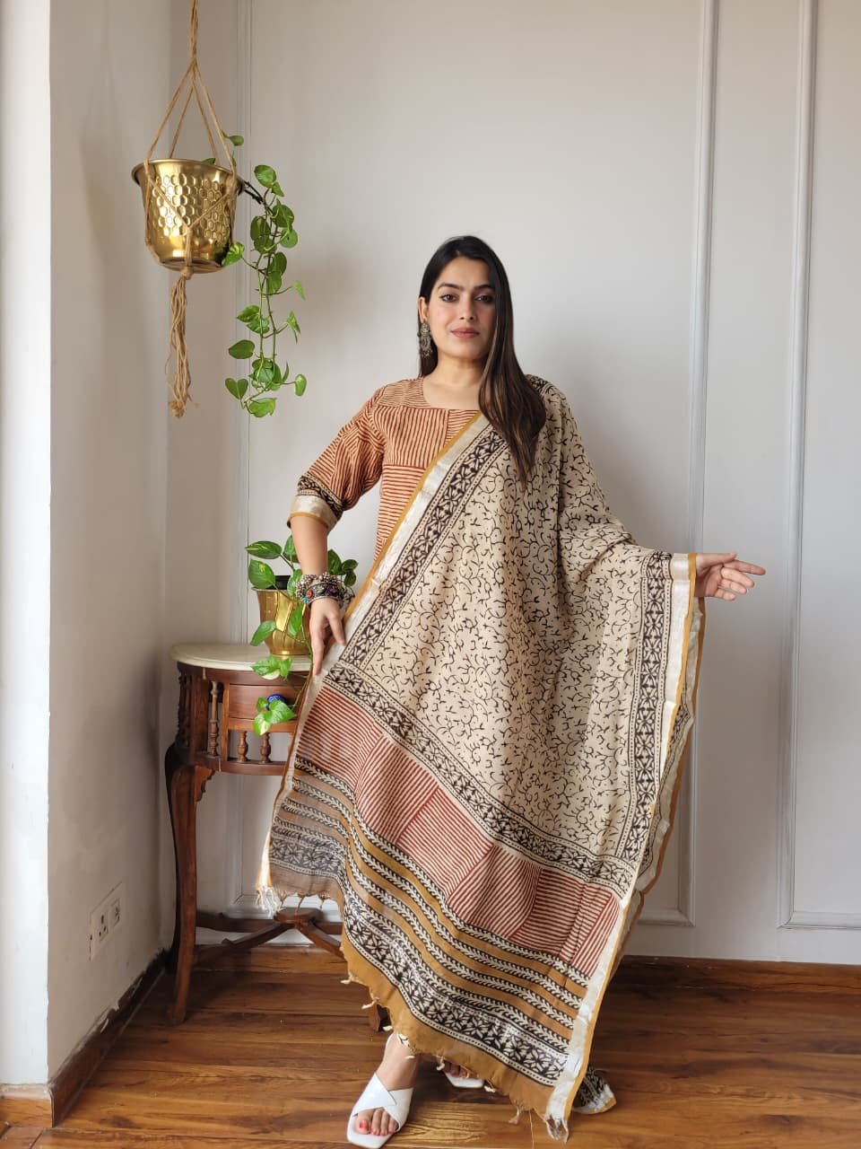 Red Bagru Hand Block Printed Linen Suit Set